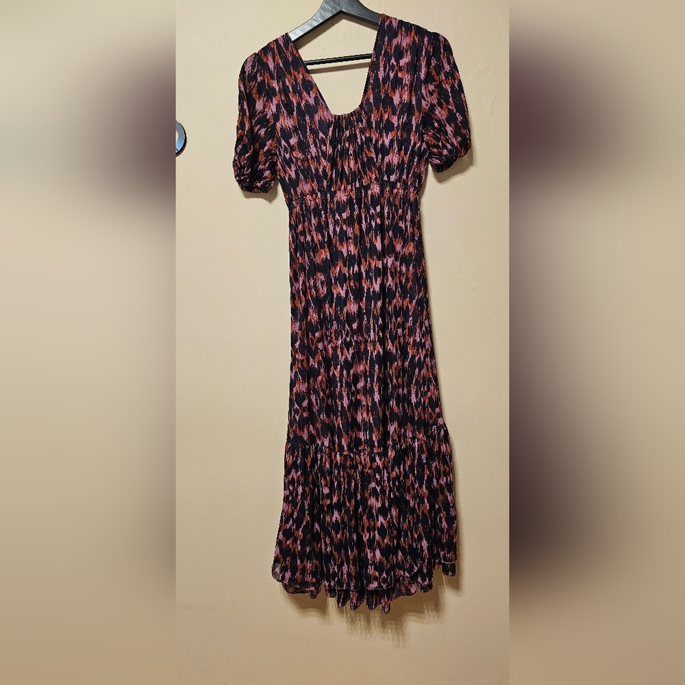By Anthropologie Purple Printed V- Neck Ruched-Sleeve Mesh Lined Maxi Dress,XSP - Picture 7 of 12